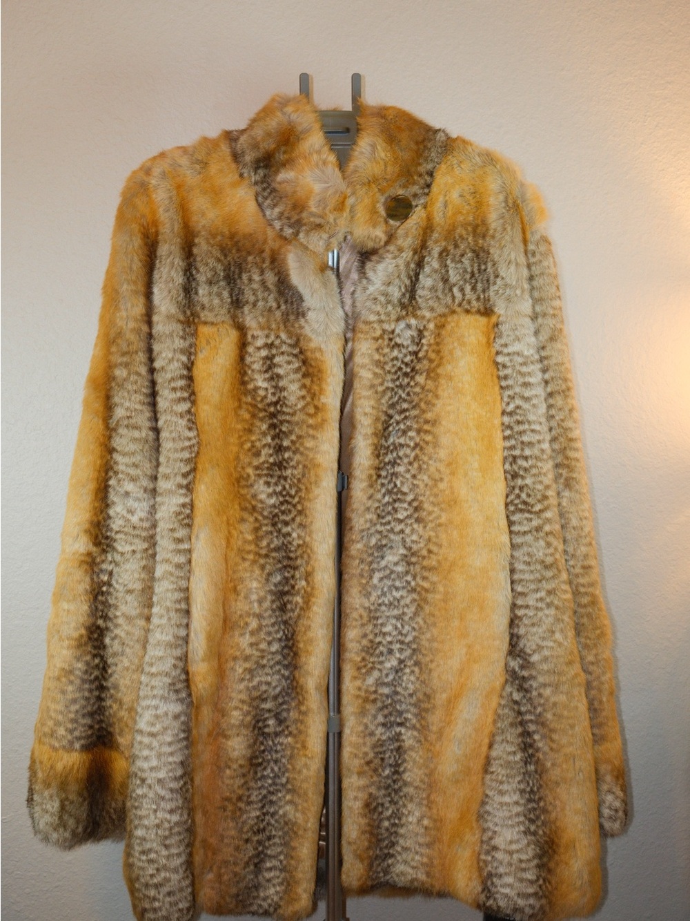 Pamela McCoy Faux Fur Trench Coat in Golden Brown and Tan Golden Ranch